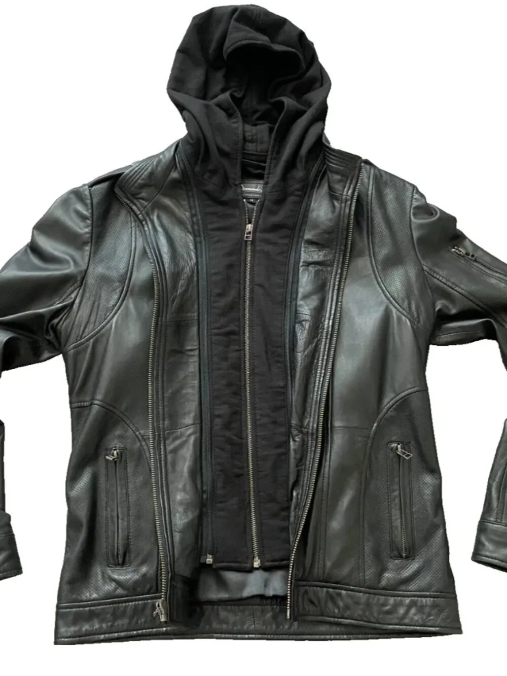 7 Diamonds Manila Black Leather Moto Hooded Jacket